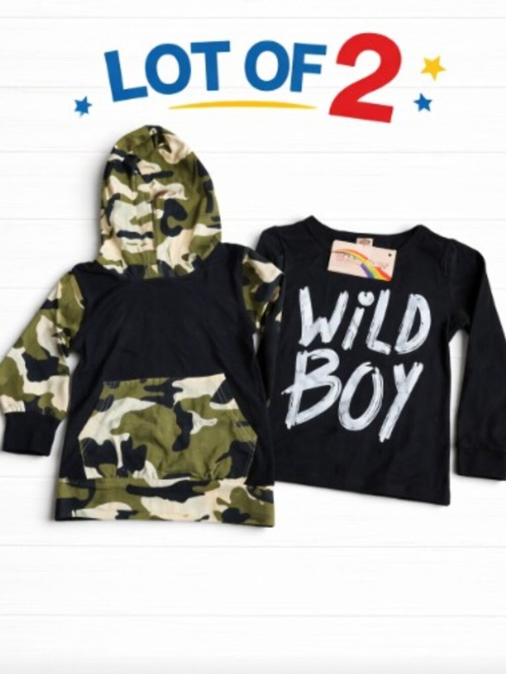 LOT of 2 Boys 90 (18-24M) KangKang Camo Hoodie & Willow Dance Wild Boy Black Tee